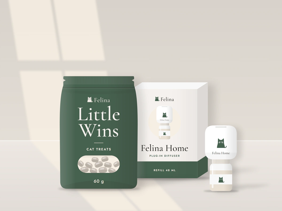 Illustration: a bag of Little Wins, the Felina Home box and the diffuser with its refill, side by side